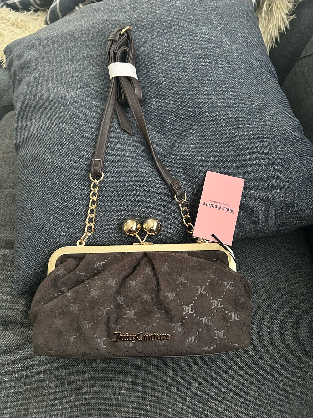 Juicy Couture Brown Monogram Kiss-Lock Crossbody with Gold Chain